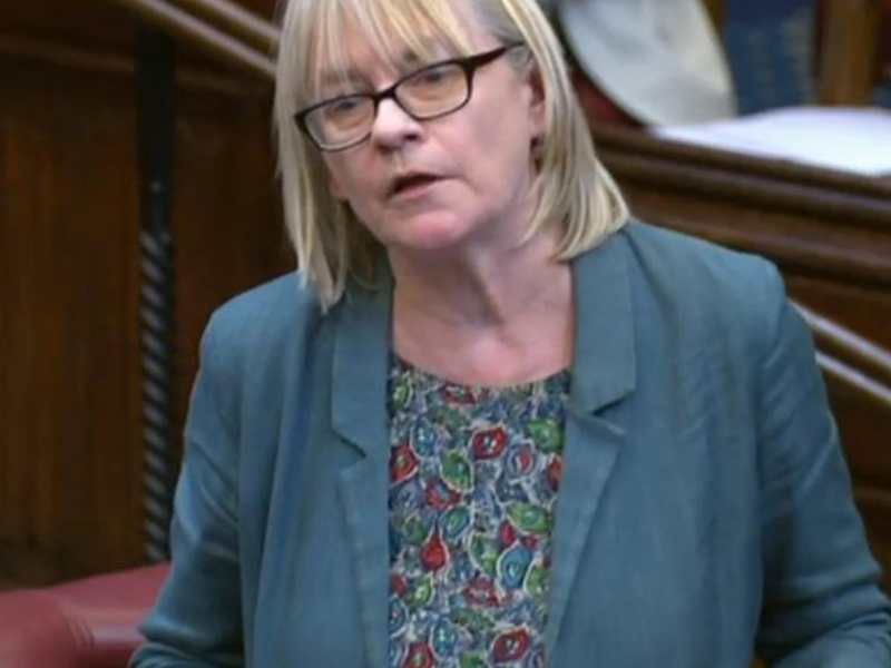 Headshot of Jane Bonham Carter. White female with short blonde hair and rectangular glasses, presenting in the house of commons. Wearing blue blazer and blue and red floral top. Headshot of Jane Bonham Carter. White female with short blonde hair and rectangular glasses, presenting in the house of commons. Wearing blue blazer and blue and red floral top.